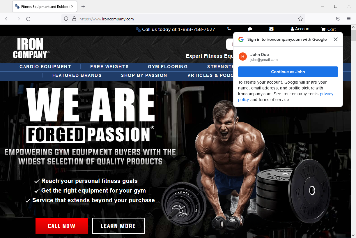 Скриншот веб-страницы Iron Company с использованием Google Identity Service One Tap.