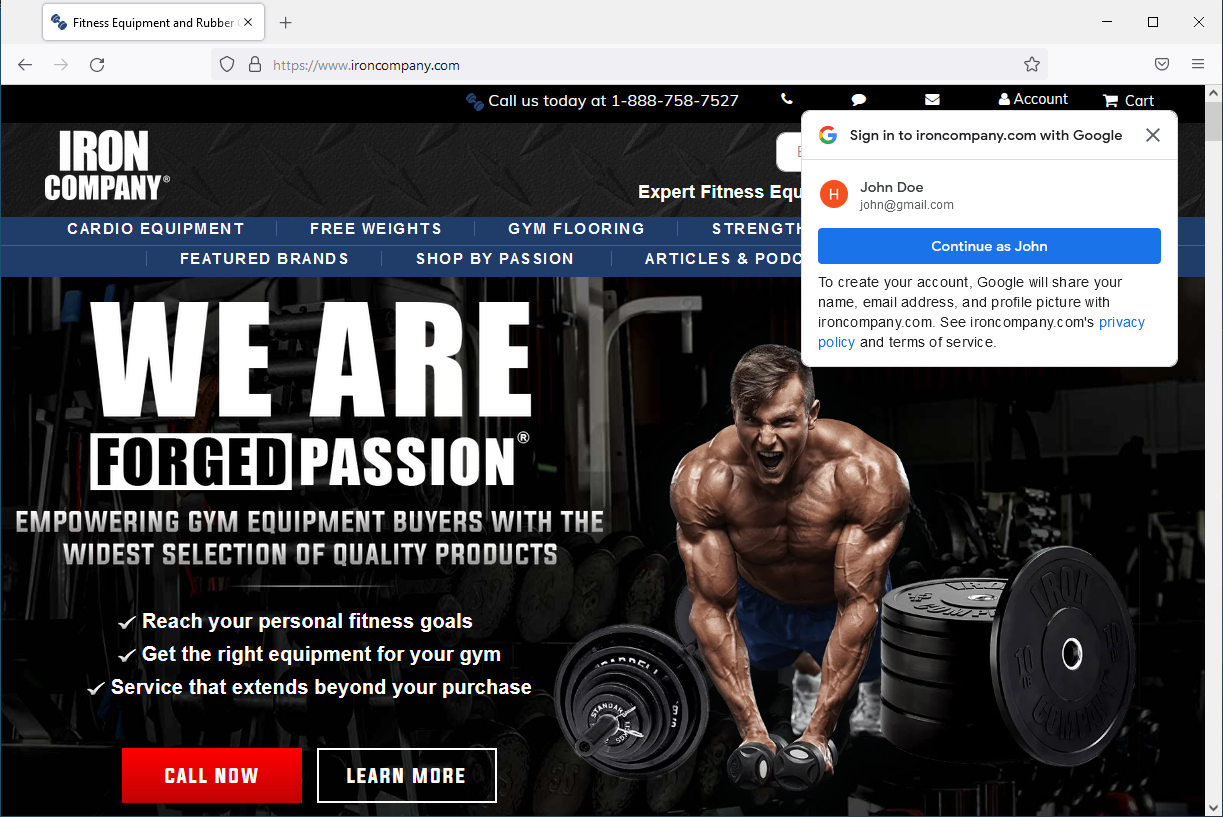 لقطة شاشة لصفحة الويب في شركة Iron Company باستخدام ميزة "نقرة واحدة" لخدمة Google Identity
