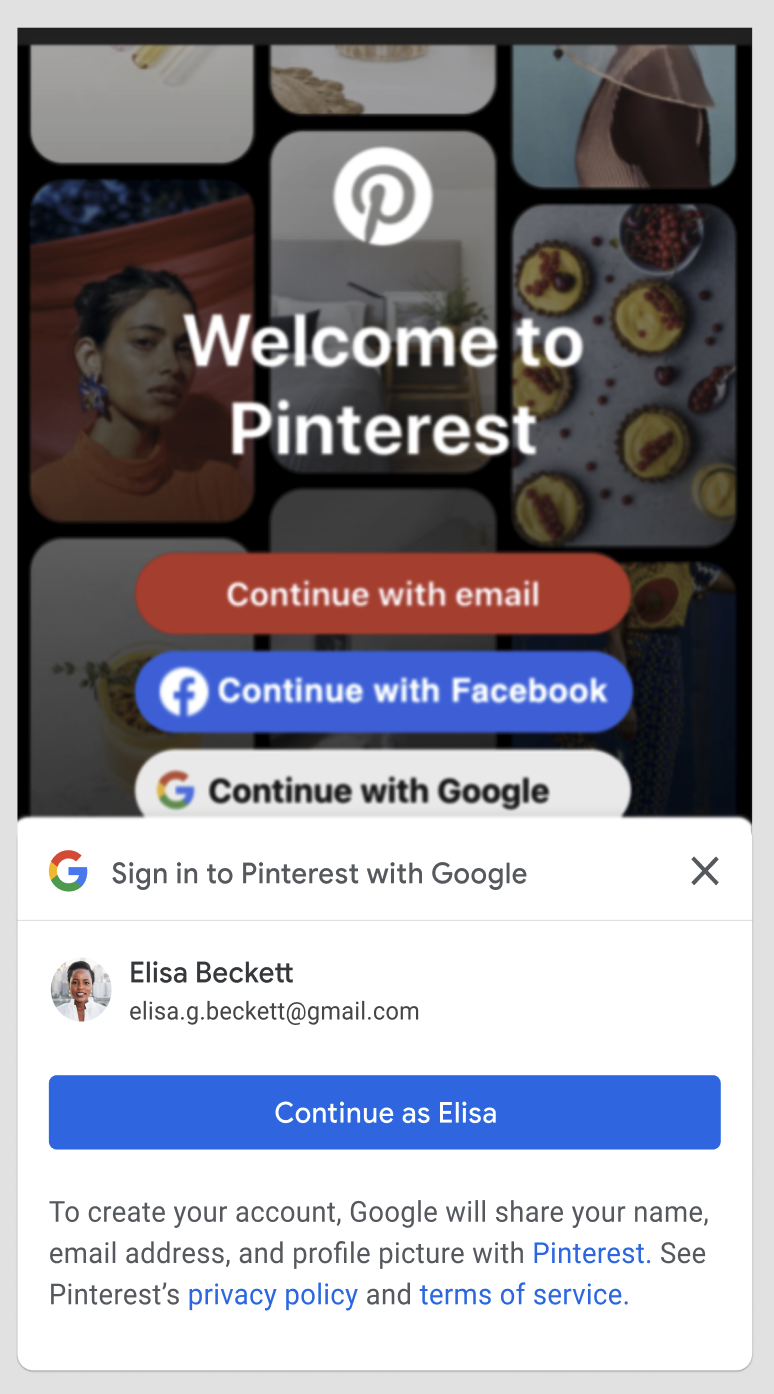 Uma captura de tela do app Android Pinterest usando o Google Identity Service One Tap.