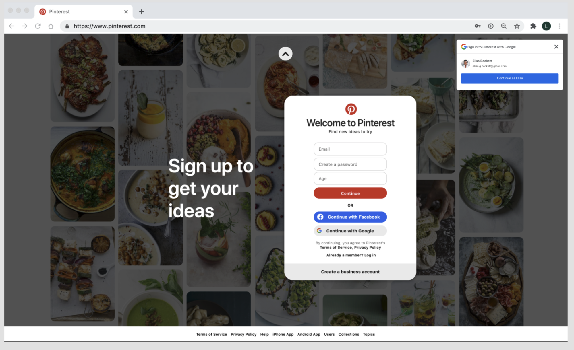 Google Identity Service One Tap を使用する Pinterest ウェブページのスクリーンショット。