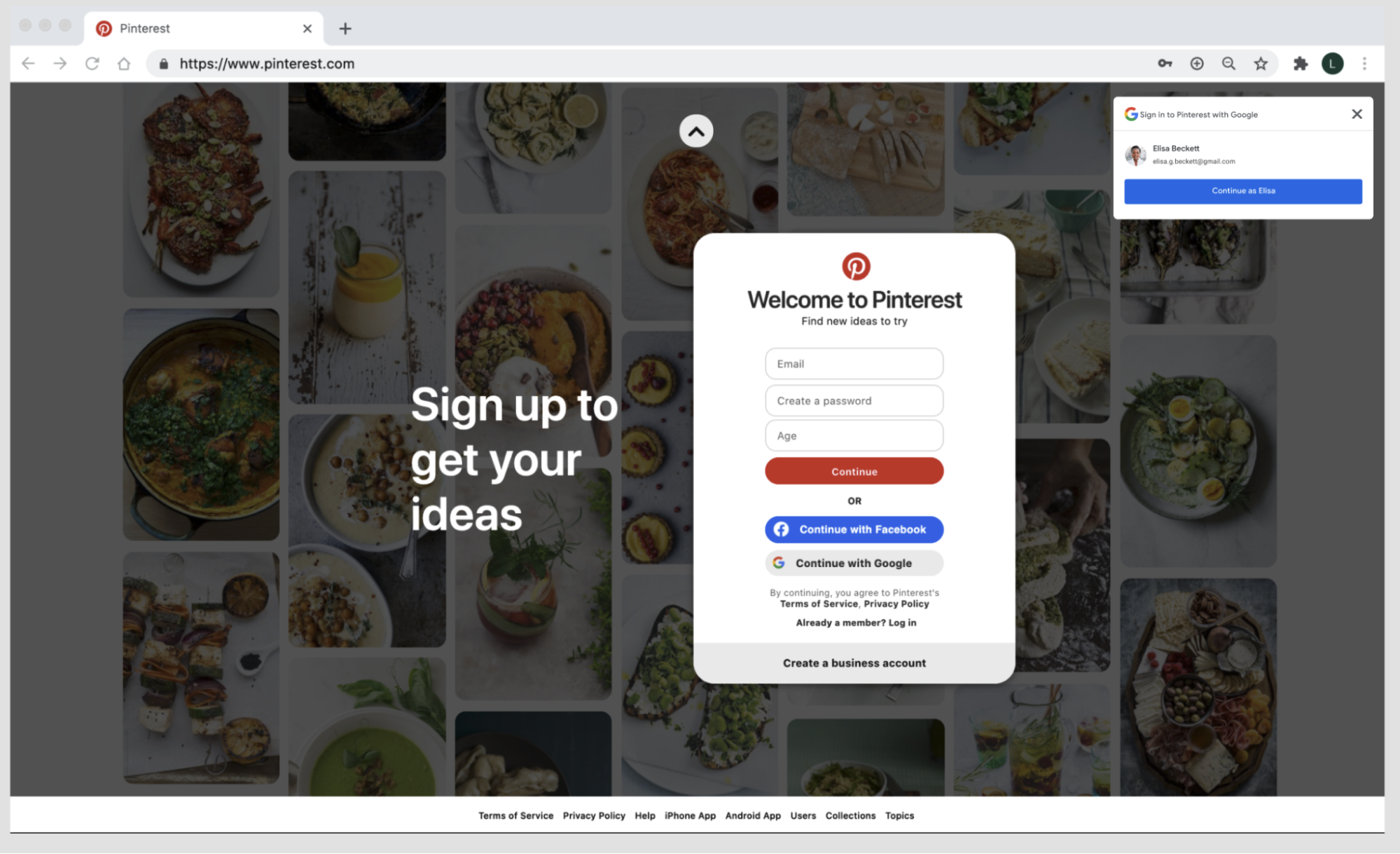 ภาพหน้าจอของหน้าเว็บ Pinterest ที่ใช้ Google Identity Service One Tap