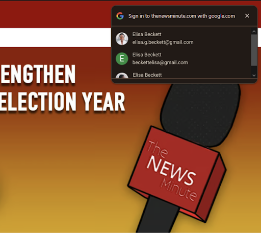 'Google One टैप में साइन इन करें' सुविधा का इस्तेमाल करके, The News Minute वेब पेज का स्क्रीनशॉट.