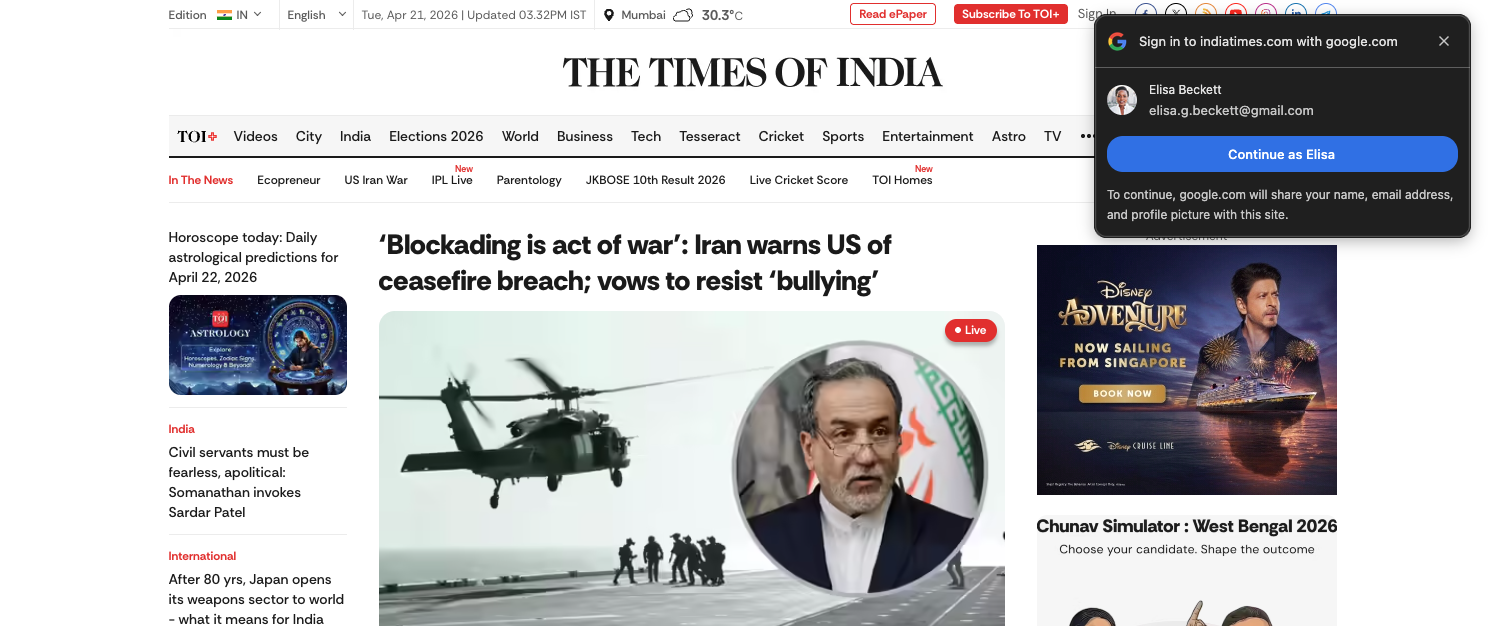 웹에서 Google One Tap FedCM으로 Google 계정으로 로그인하는 The Times of India의 스크린샷