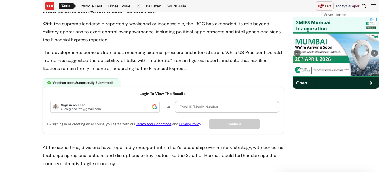 A screenshot of The Times of India Sign in with Google FedCM personalized button on web.