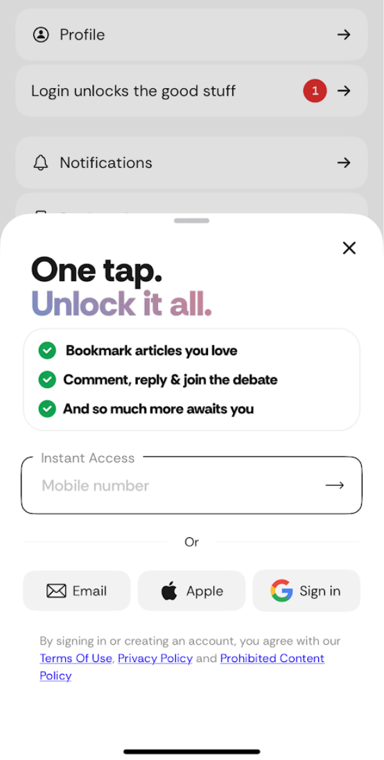 Captura de tela da página de login do The Times of India no app iOS.