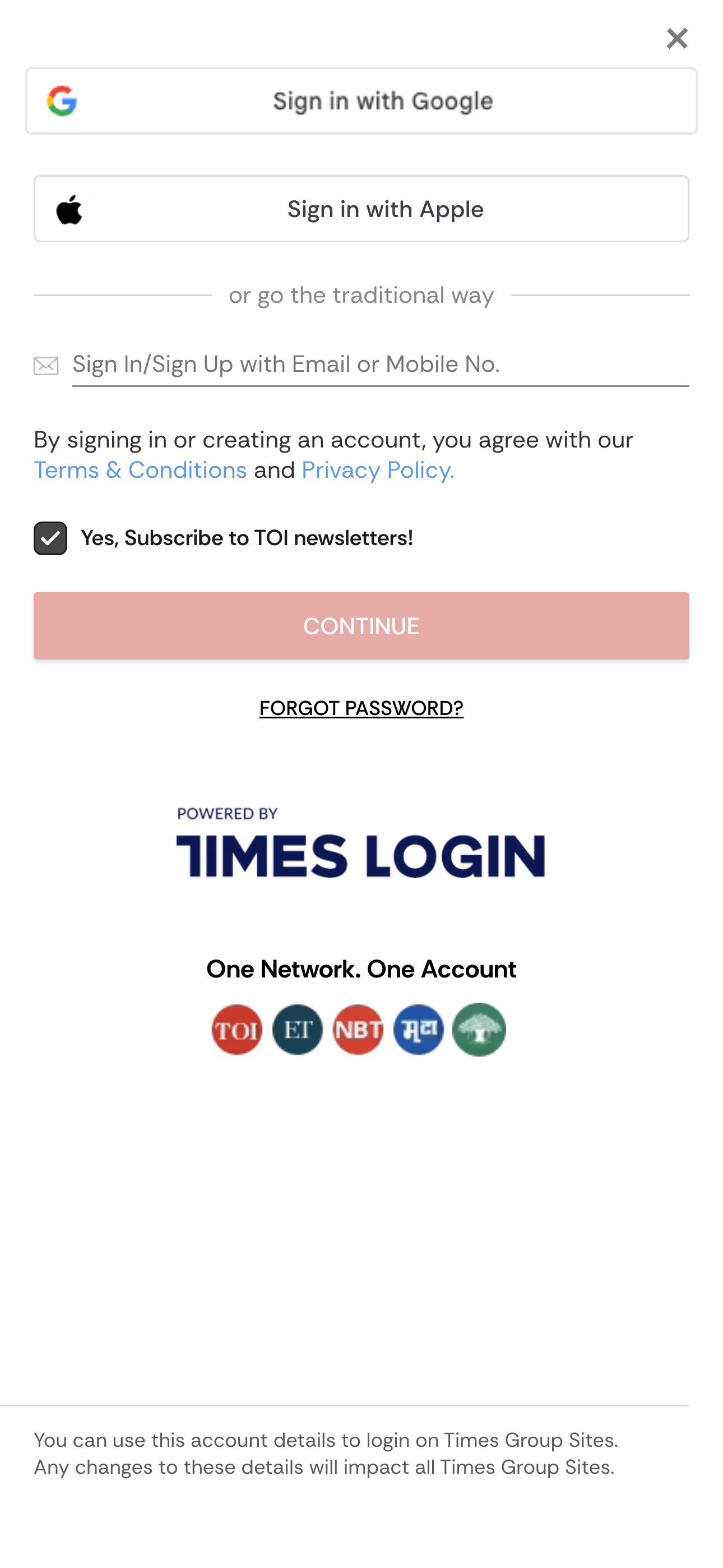 Zrzut ekranu strony logowania w The Times of India w wersji mobilnej.