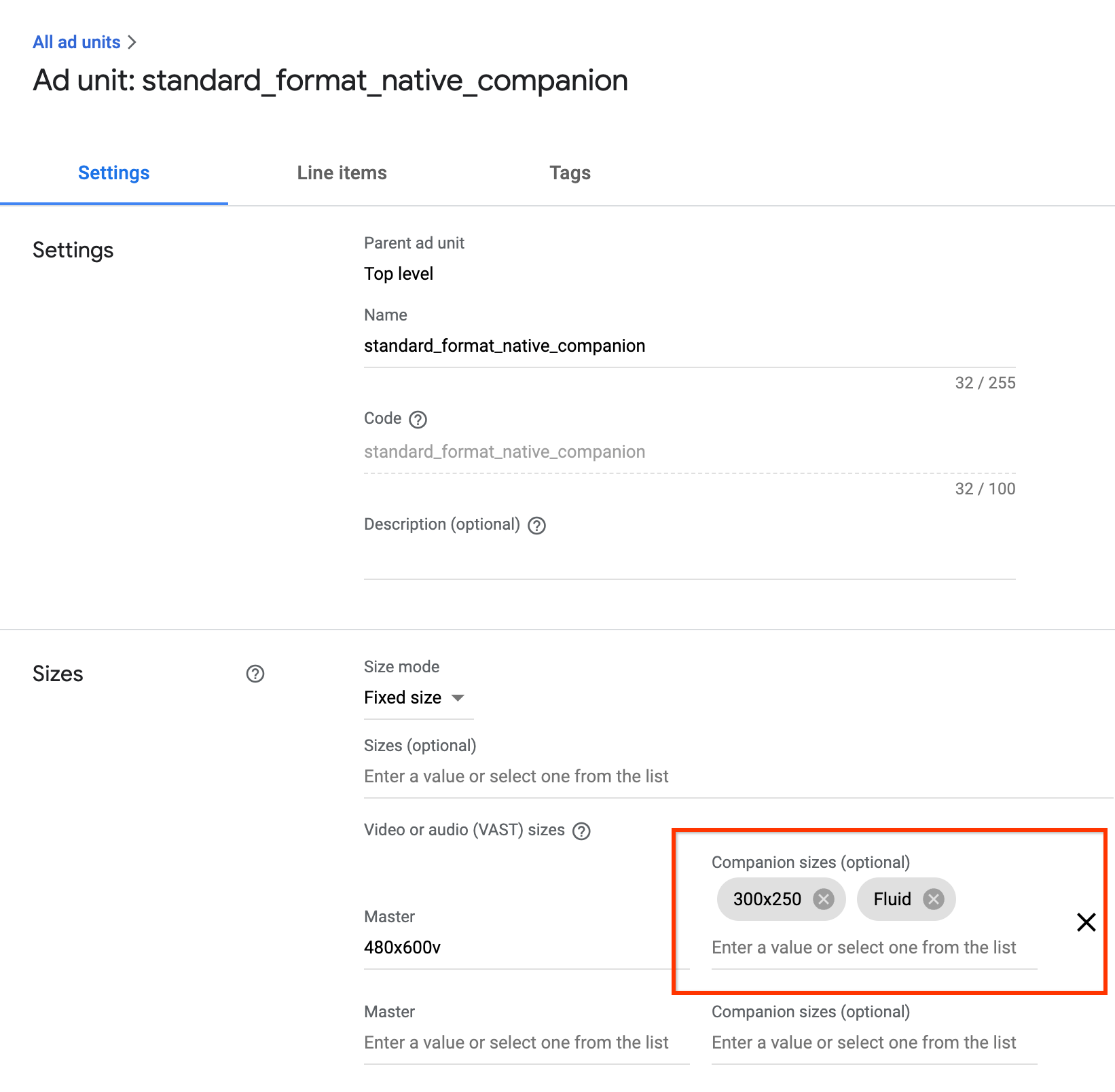 Bild mit den Companion-Anzeigeneinstellungen von Ad Manager Die Option „Companion-Größen“ wird hervorgehoben.