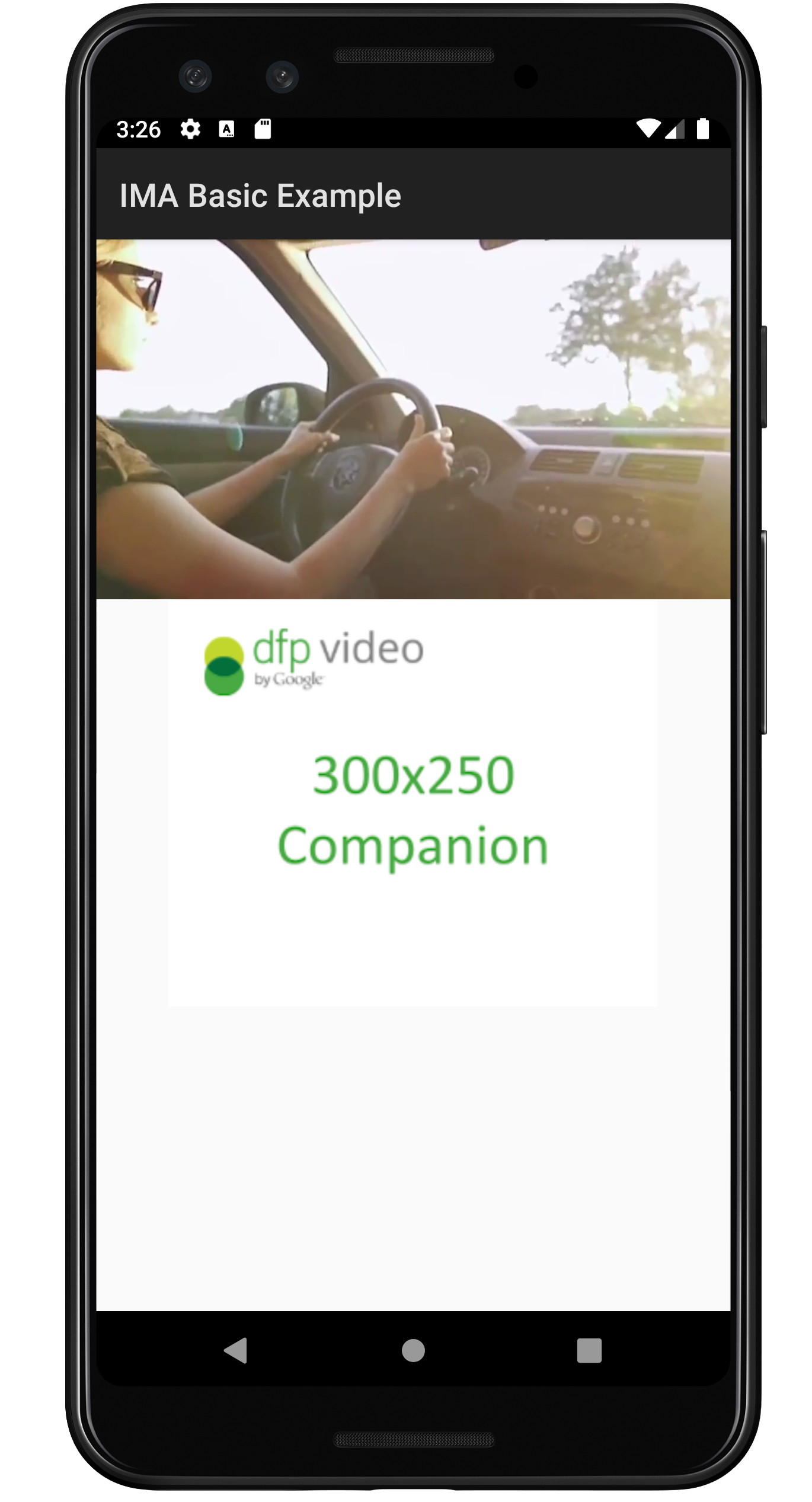 รูปภาพตัวอย่างโฆษณาที่แสดงร่วมของ IMA สำหรับ Android