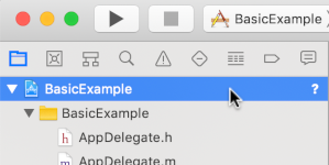 Immagine che mostra dove fare clic sul nome del progetto nel riquadro a sinistra di Xcode