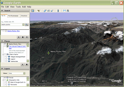 Google 어스에서의 마추픽추 위치표시 스크린샷