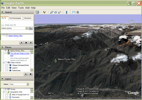 Capture d'écran du repère Machu Picchu dans Google Earth