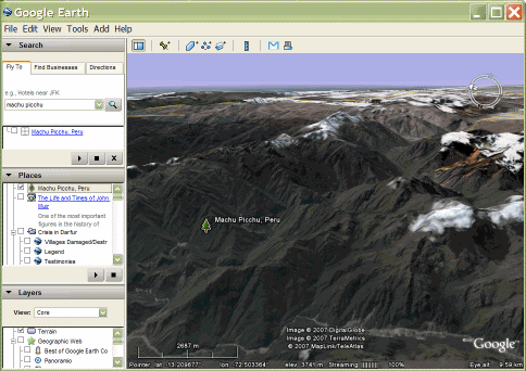 Captura de pantalla de la marca de posición Machu Picchu en Google Earth