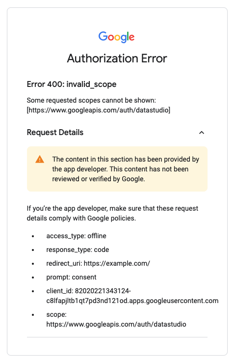 È stato richiesto un messaggio di errore OAuth 400 che indicava un ambito non valido