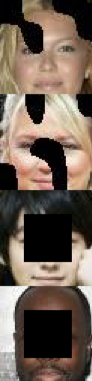 Four images. Each image is
a photo of a face with some areas replaced
with black.