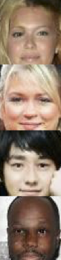 Four images. Each image is
a photo of a face identical to one of
the images in the 'Input' column, except
that there are no black areas.