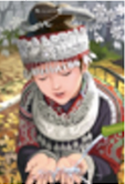 A blurry version of the
painting of a girl wearing an elaborate headdress.