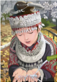 A sharp, clear painting of a
girl wearing an elaborate headdress. This painting is almost identical
to the first image in this table, but some of the details of the patterns
on her headdress and clothing are subtly different.