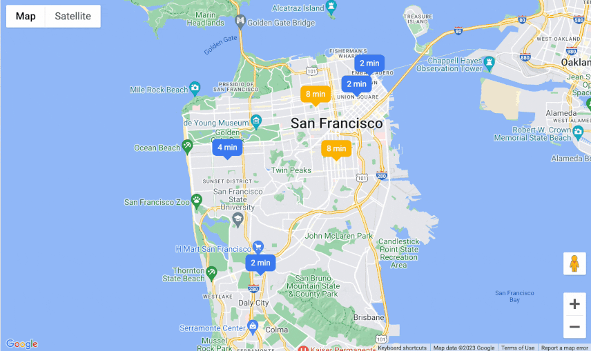 The hero image shows a Google Maps JS map centered on San Francisco. Several locations display colorful markers whose contents say '2 min', '4 min'