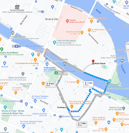 Walking route from parking to Notre Dame