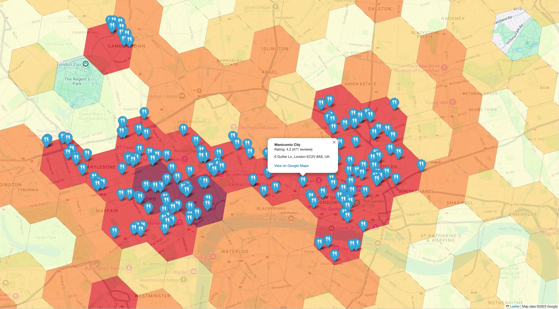 Mapa termiczna gęstości miejsc w Londynie z nałożonymi na nią pojedynczymi znacznikami, które służą do weryfikacji danych statystycznych.