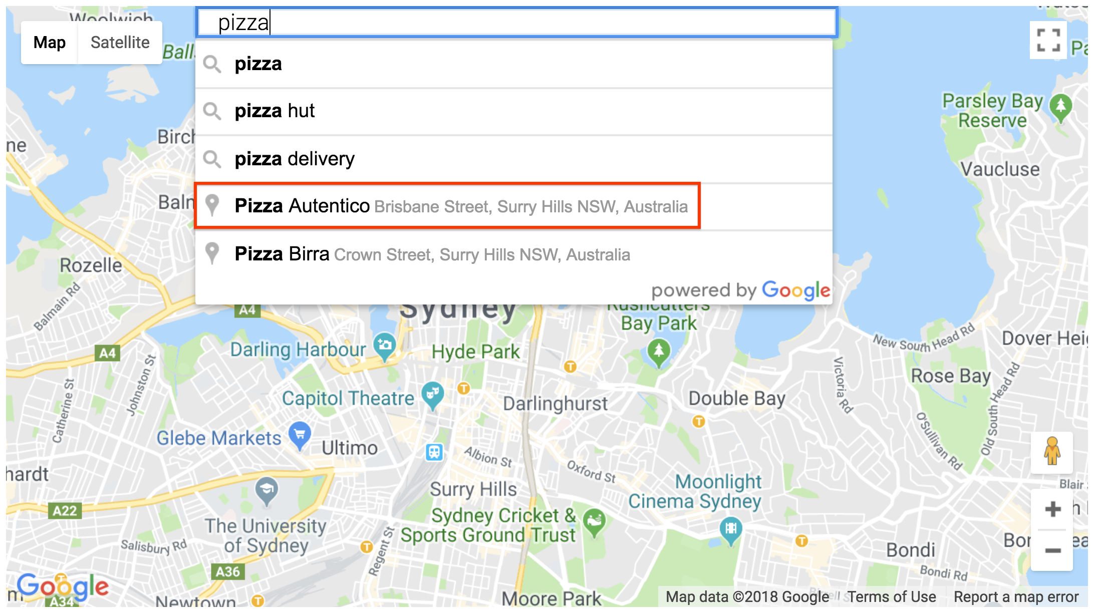 जगह की जानकारी के लिए खोज बॉक्स विजेट में जगह का नतीजा