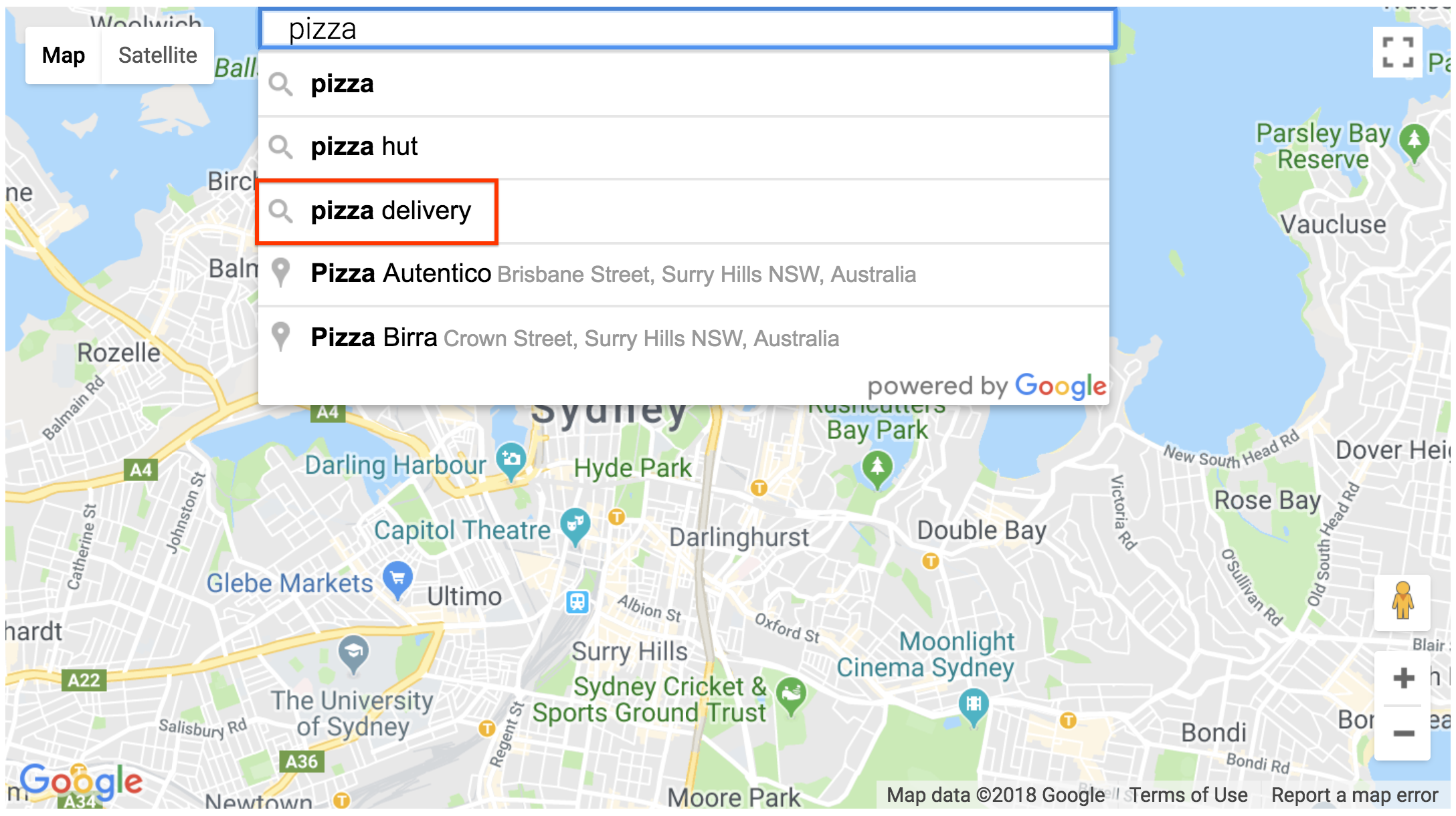 Wybór zapytania w widżecie pola wyszukiwania szczegółów miejsc