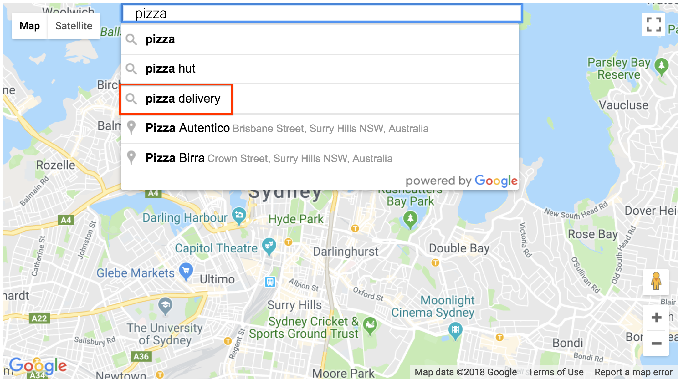 Seleção da consulta no widget Search Box do Places Details