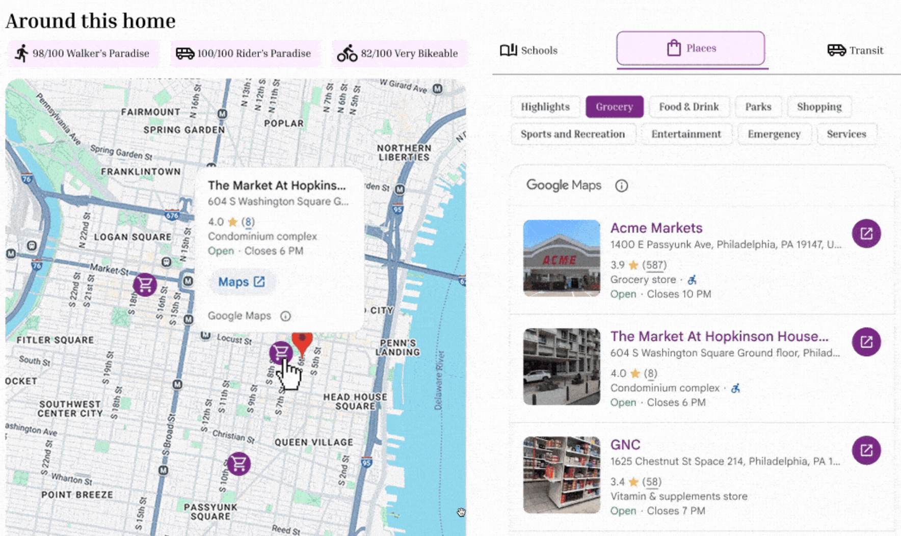 मैप के बगल में मौजूद जगहों की सूची. एक मार्कर चुना गया है और उसकी जानकारी मैप पर दिख रही है.