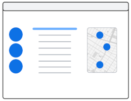 Carte avec une liste de points bleus séparés par du texte, avec une carte avec des points bleus de l'autre côté du texte.