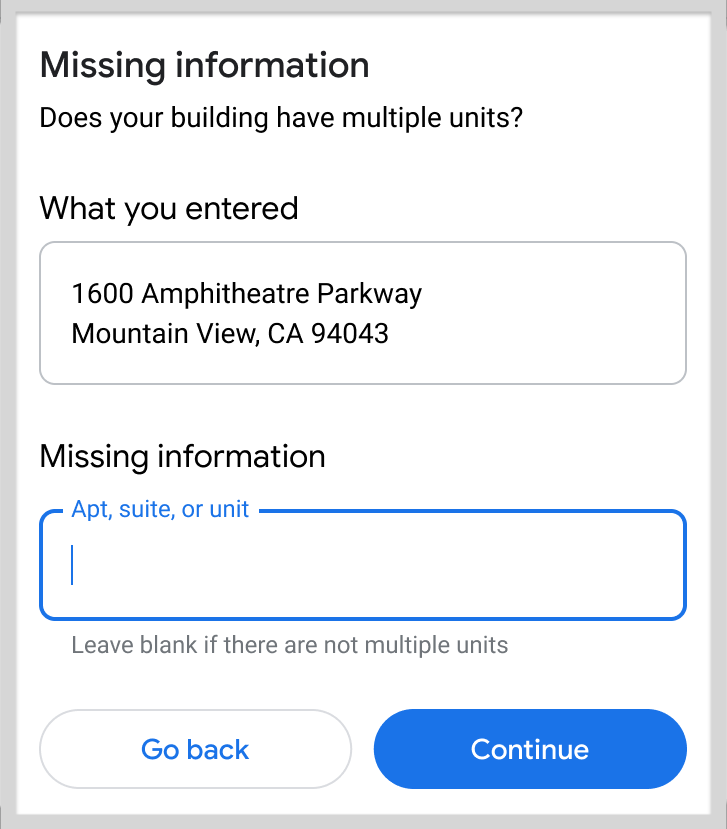 提示顧客輸入遺漏的地址資訊。