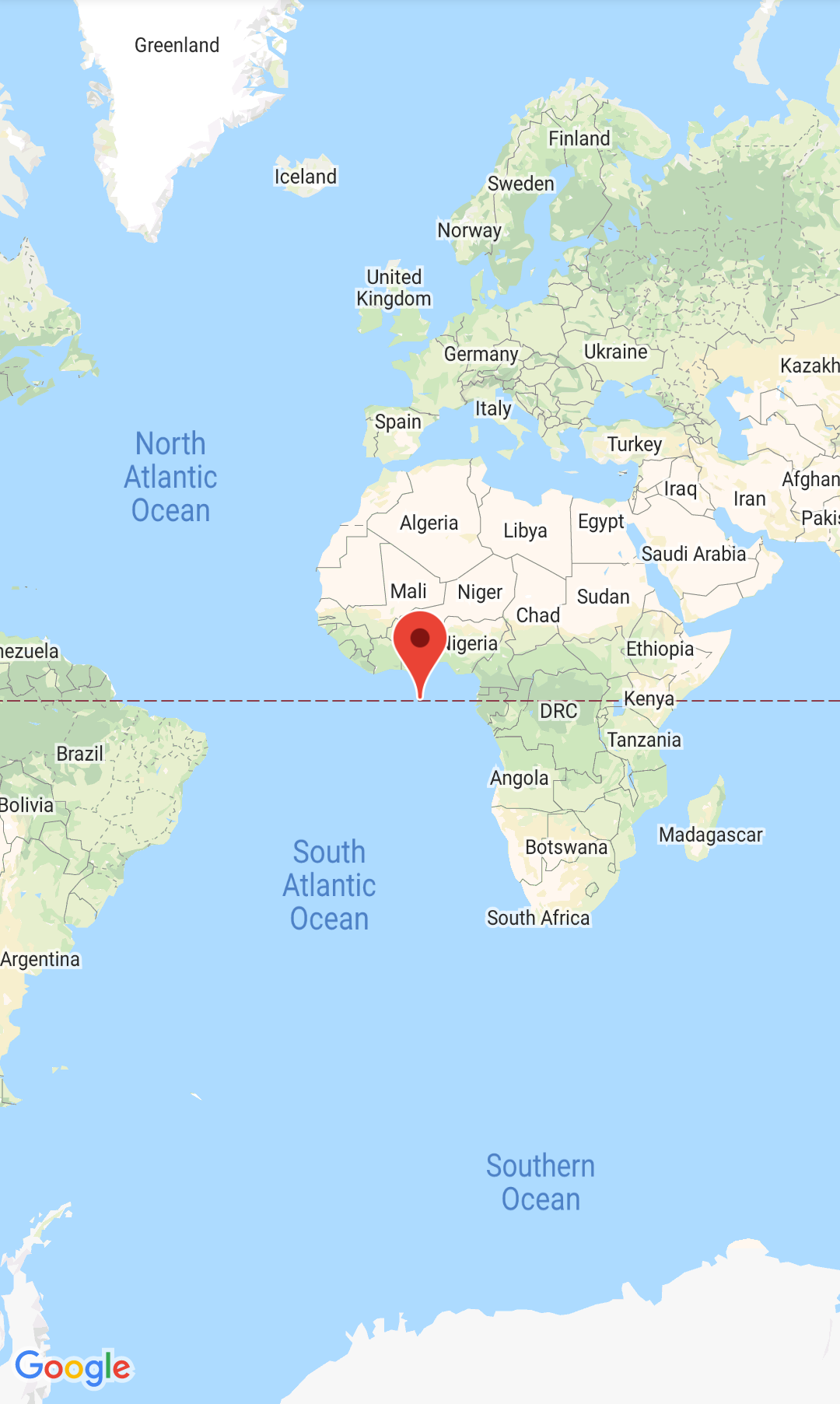 Harita ve işaretleyicinin Null Island üzerinde ortalandığı ekran görüntüsü.