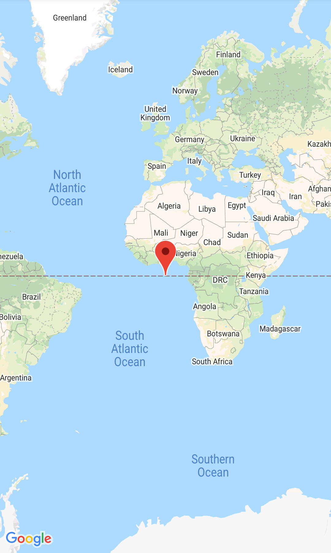 Capture d'écran avec la carte et le repère centrés sur Null Island.