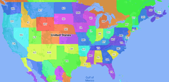 Zrzut ekranu przedstawiający mapę choropletywną stanów USA.