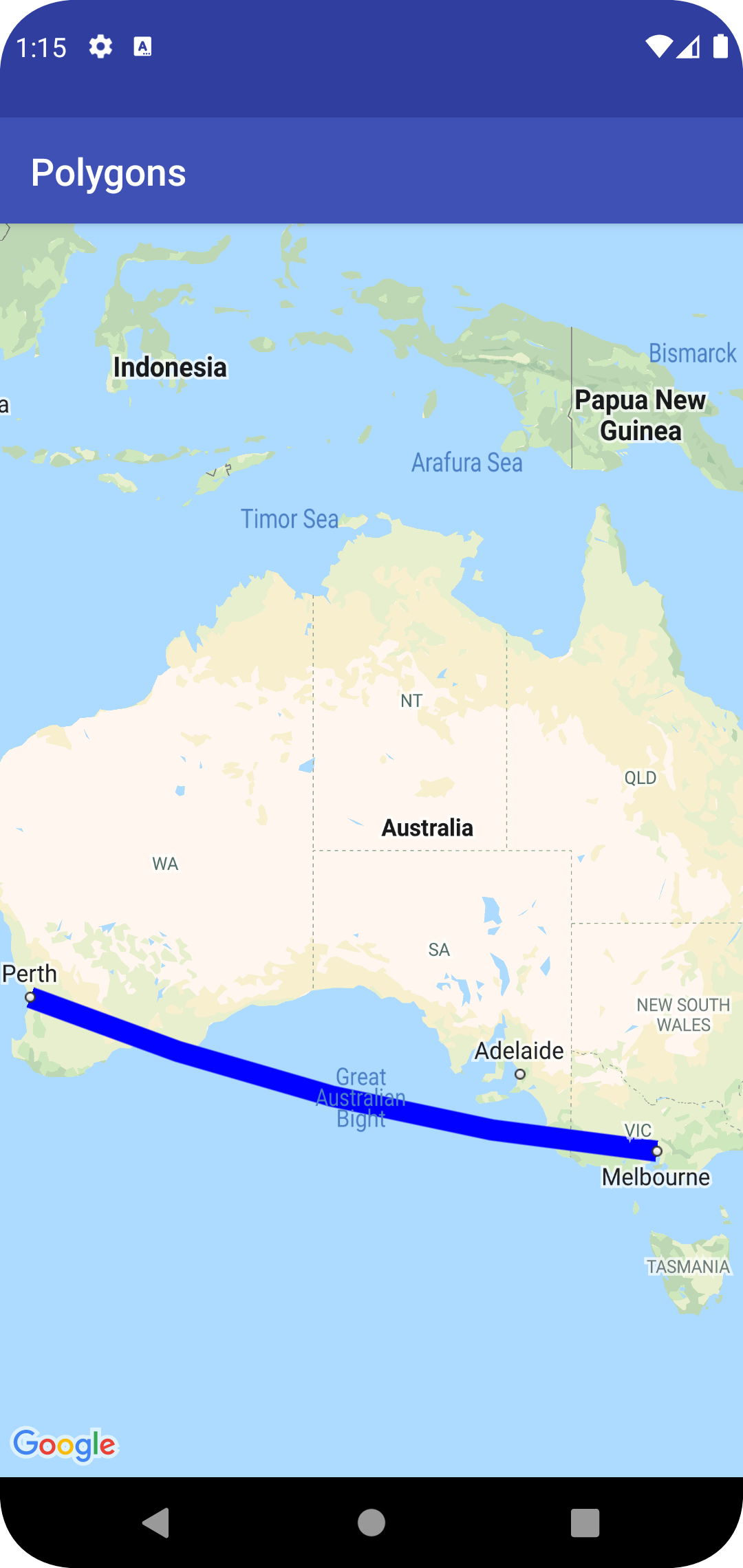 Mapa con una polilínea de Melbourne a Perth