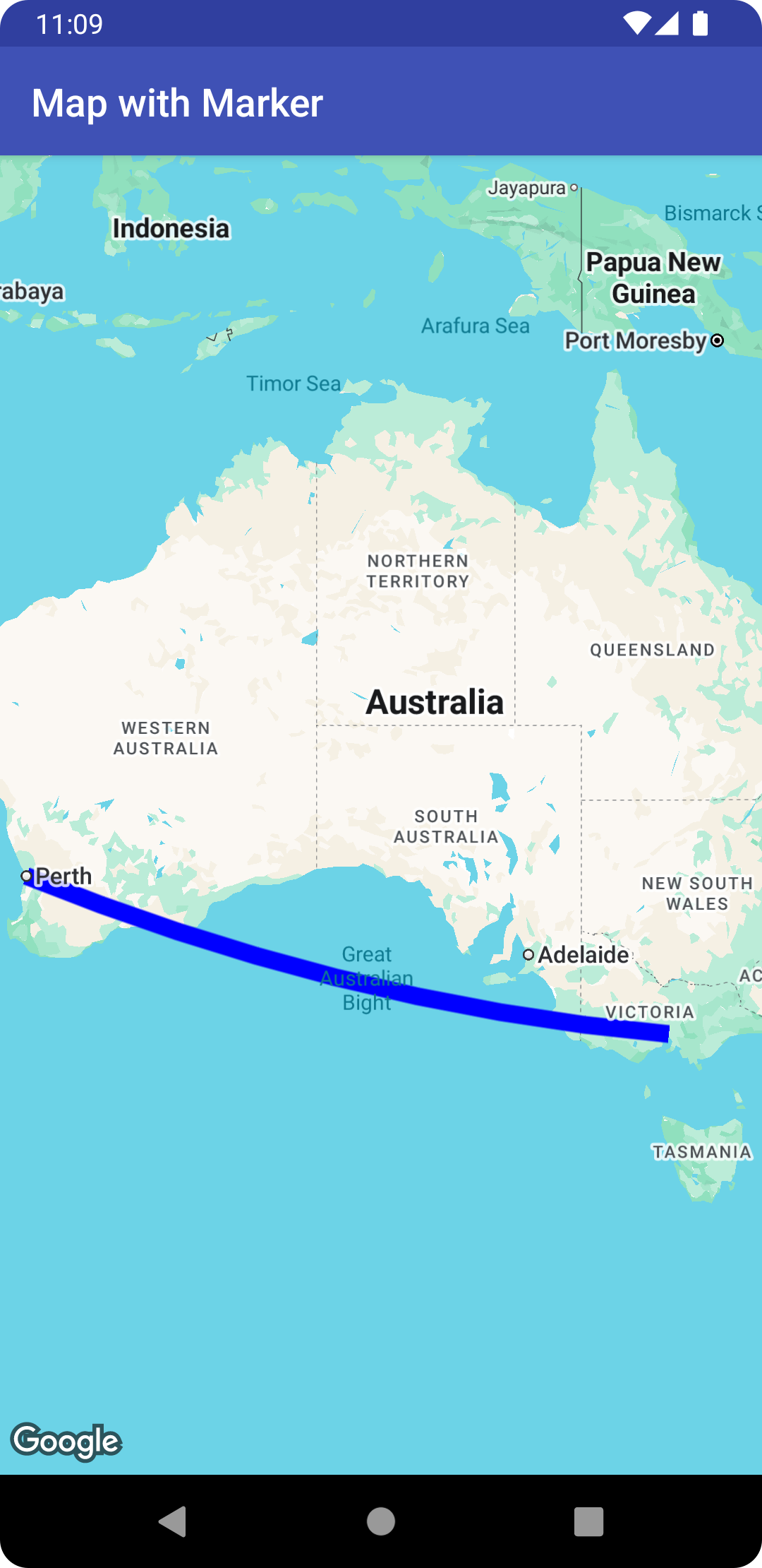 Mapa z wielolinią z Melbourne do Perth