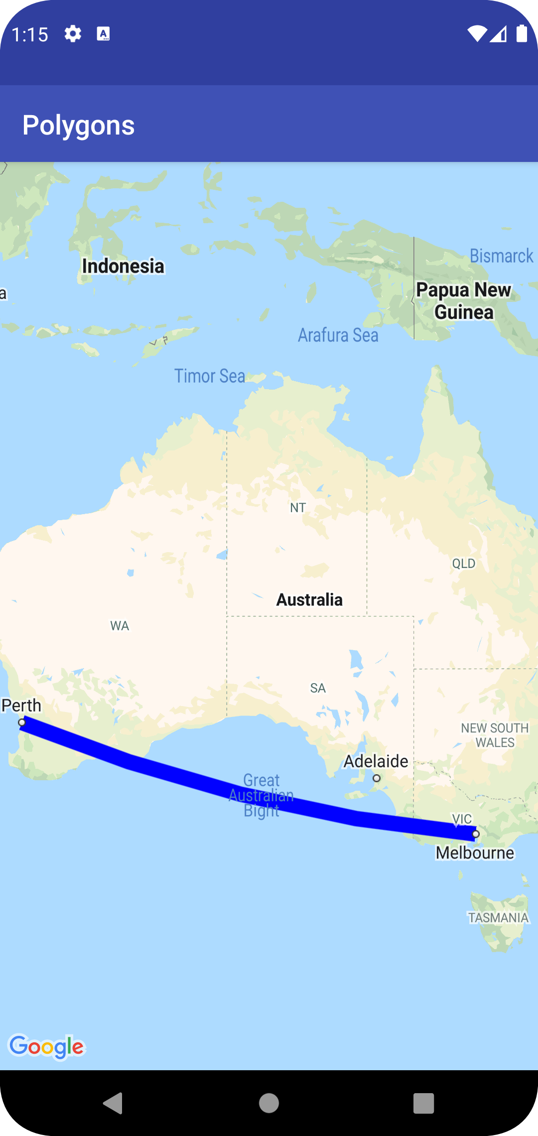 メルボルンからパースへのポリラインを表示した地図