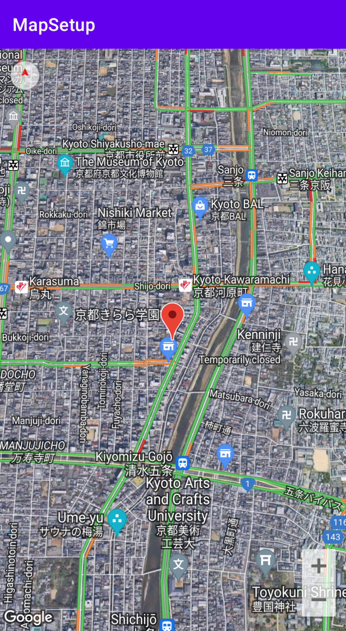 A map of Kyoto with map settings configured.