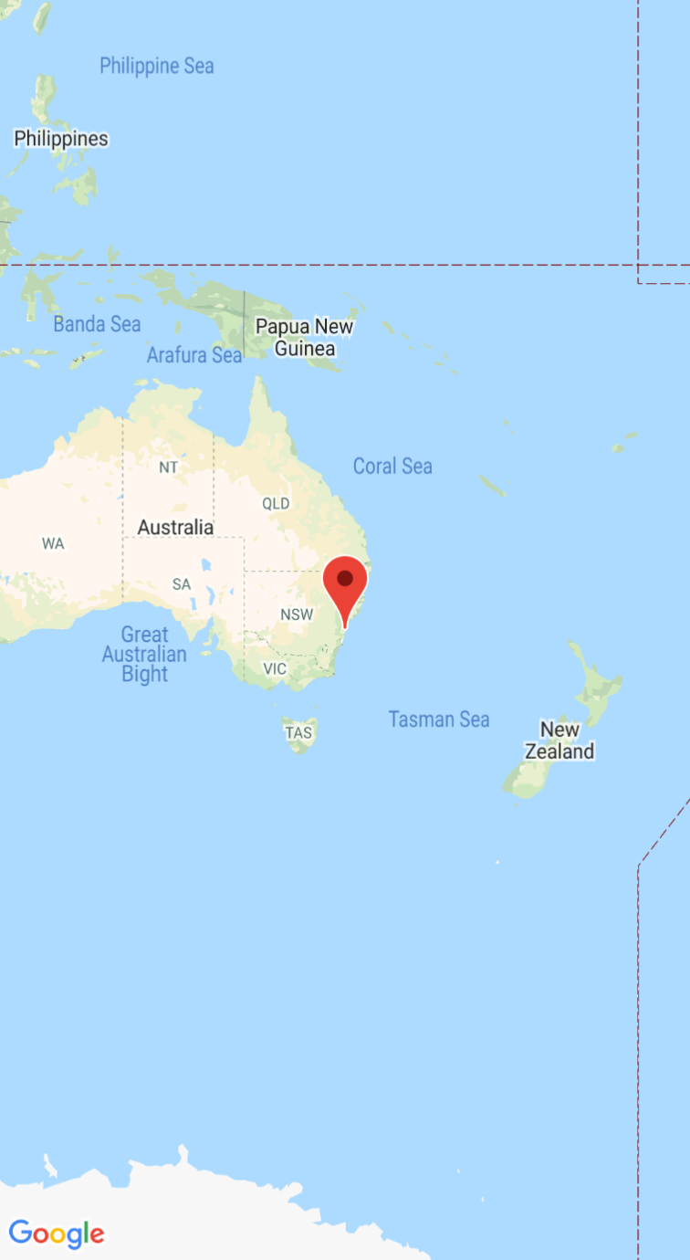 Captura de tela com o mapa e o marcador centralizados em Sydney, Austrália.