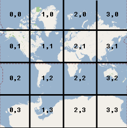 خريطة للعالم مقسمة إلى أربعة صفوف وأربعة أعمدة من المربعات.