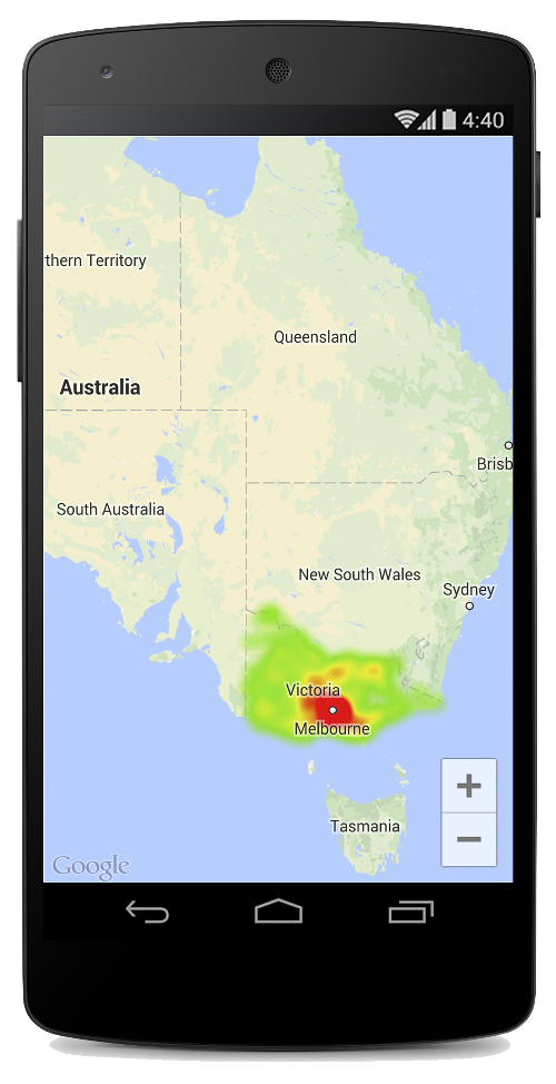 แผนที่ซึ่งมีแผนที่ความหนาแน่นแสดงตำแหน่งสถานีตำรวจ