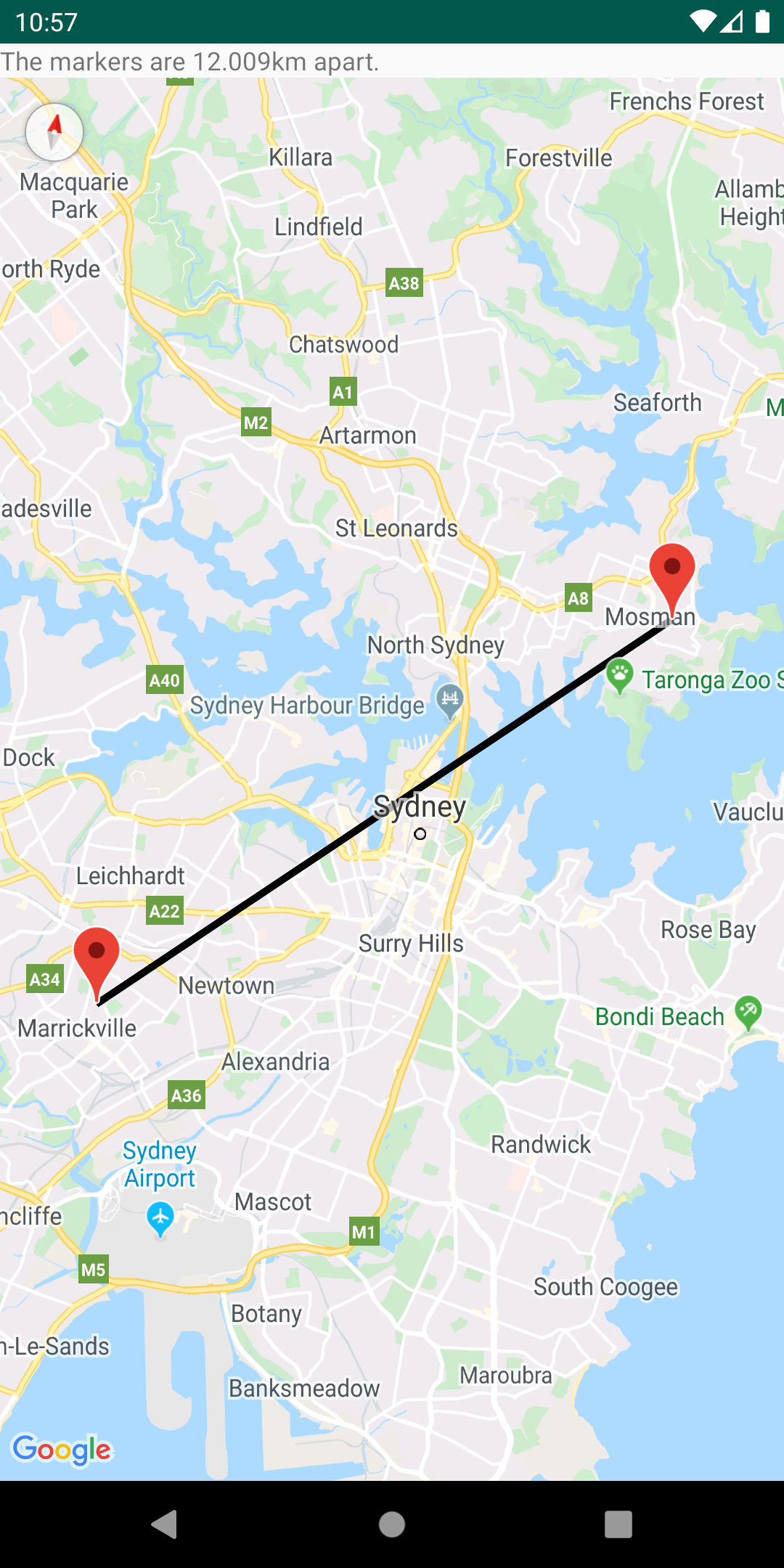 Distância calculada entre dois pontos em um mapa