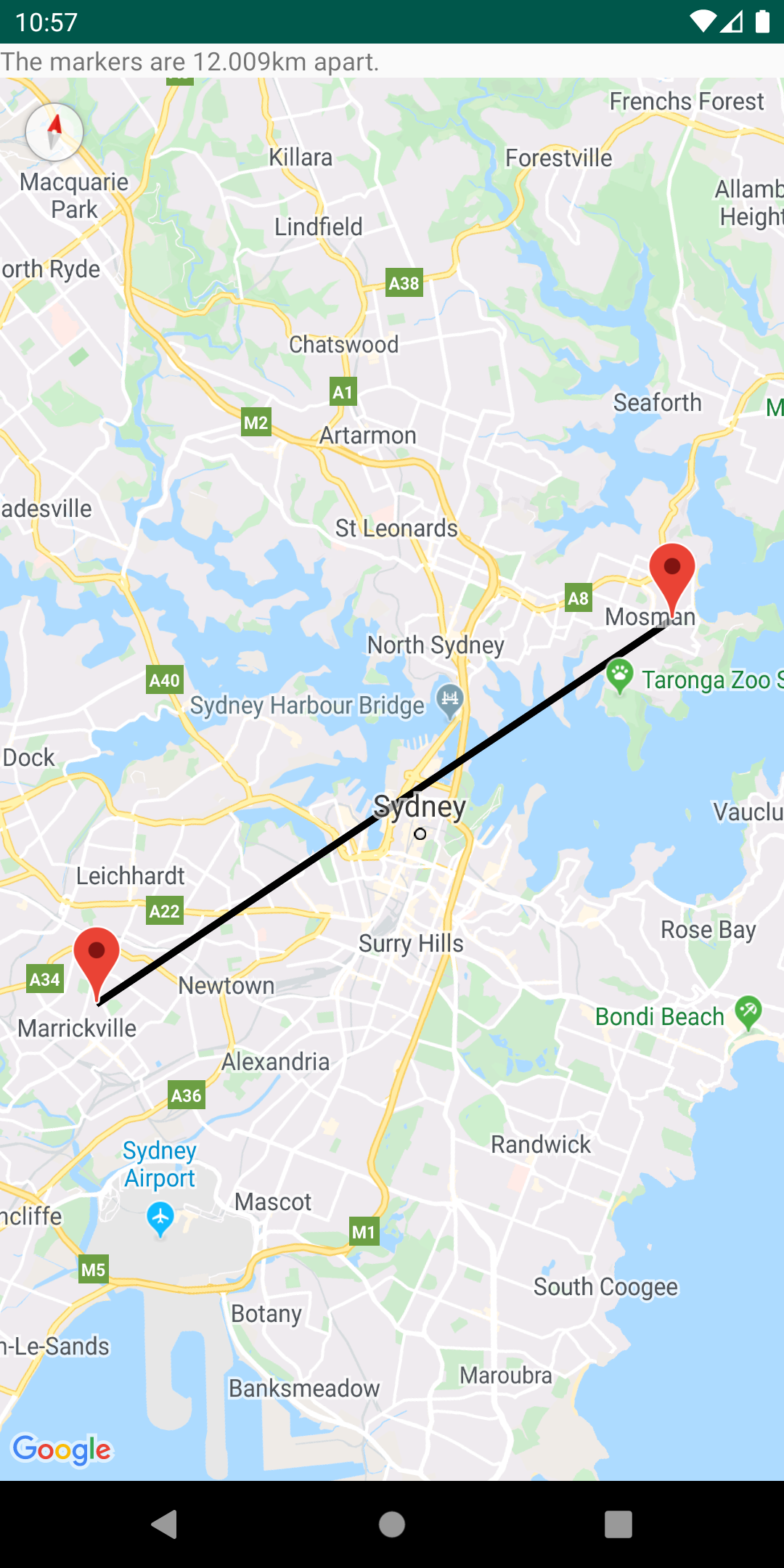 Obliczona odległość między 2 punktami na mapie