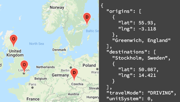 mapa mostrando a origem e os destinos em um mapa e na resposta da API