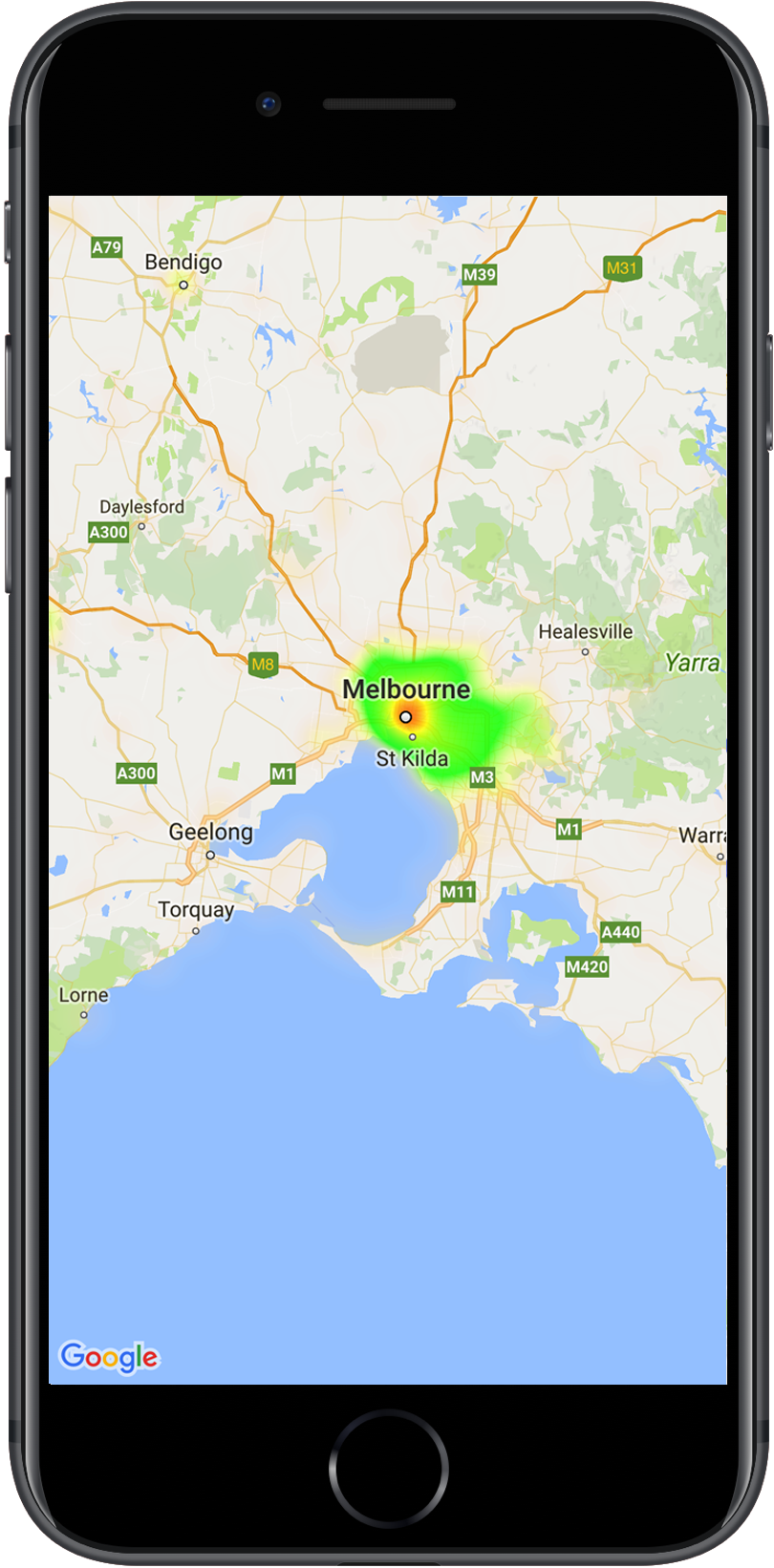 แผนที่ที่มีแผนที่ความหนาแน่นแสดงตำแหน่งสถานีตำรวจ