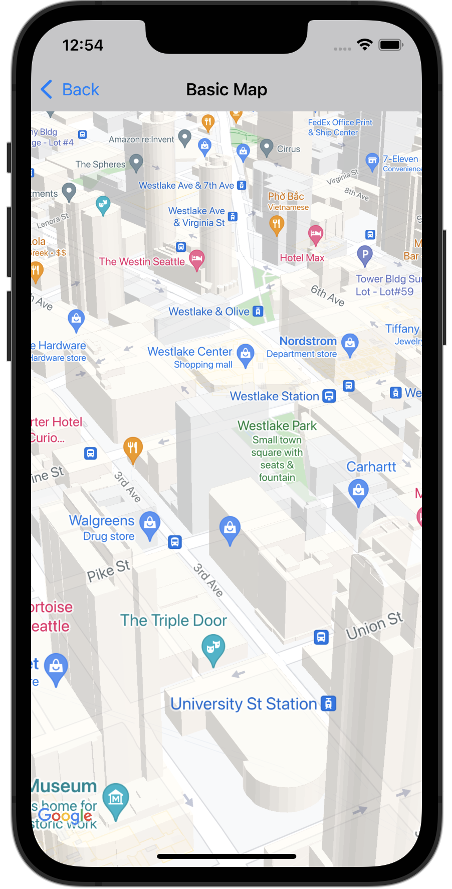 华盛顿州西雅图的 3D 建筑地图。