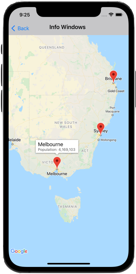 Fenêtre d'informations s'affichant au-dessus d'un repère.