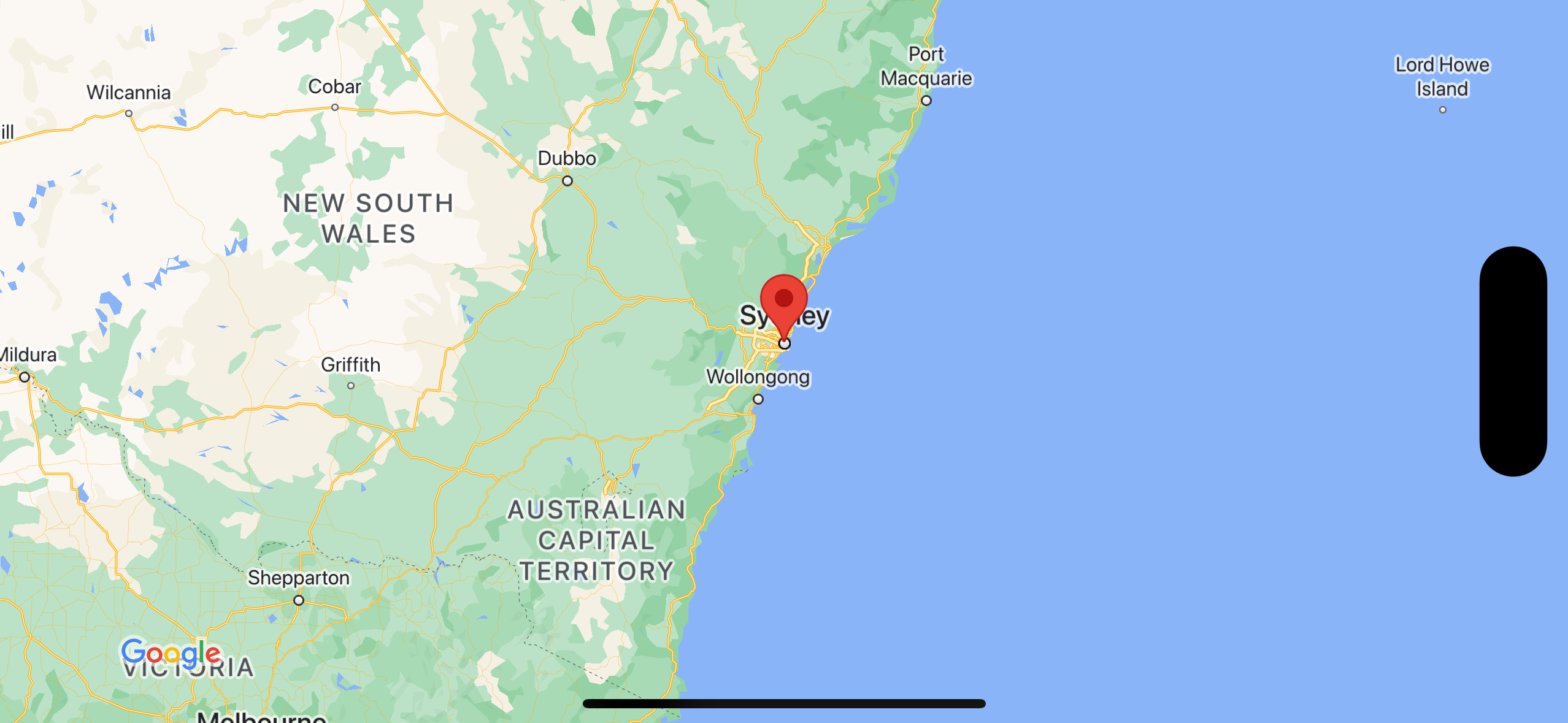Screenshot che mostra una mappa con un indicatore sopra Sydney