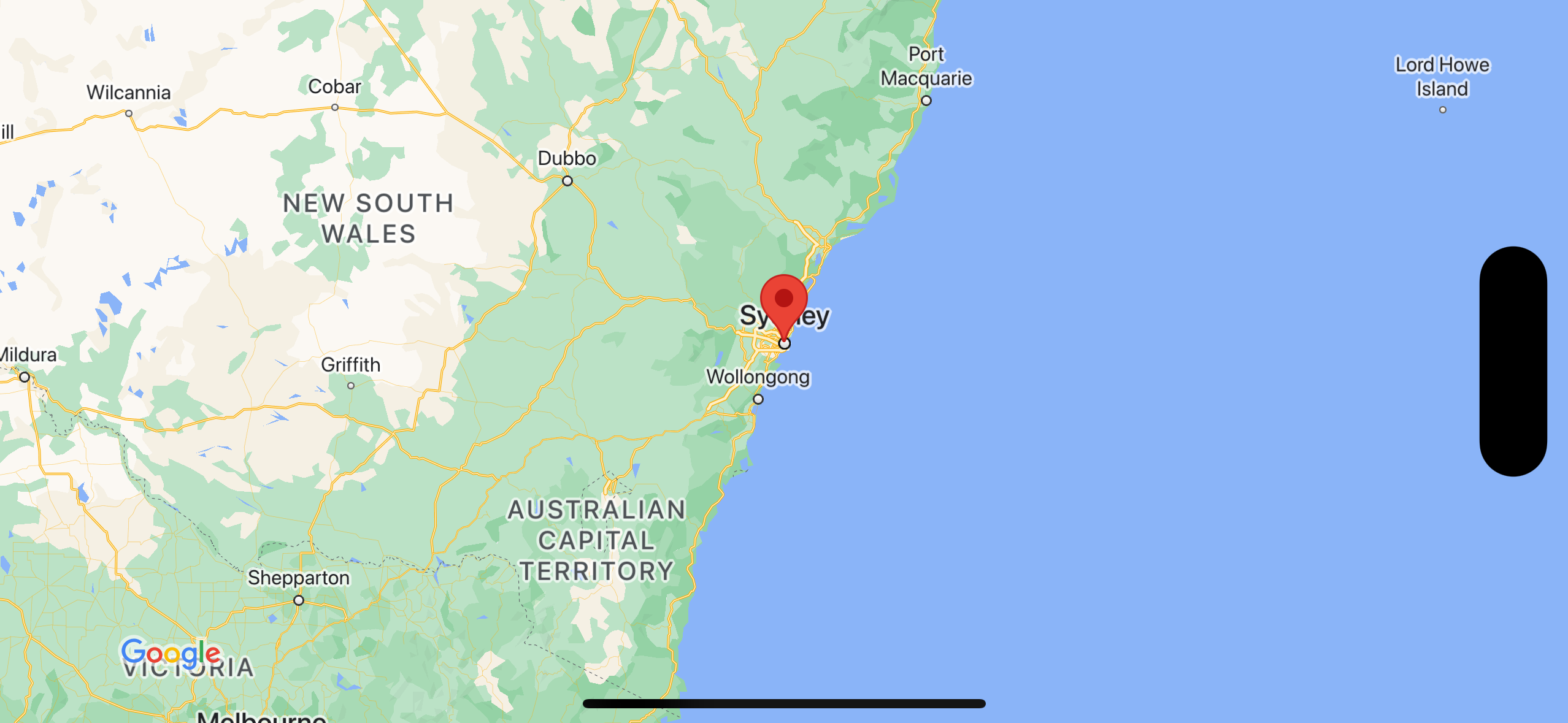 Скриншот, показывающий карту с маркером над Сиднеем.