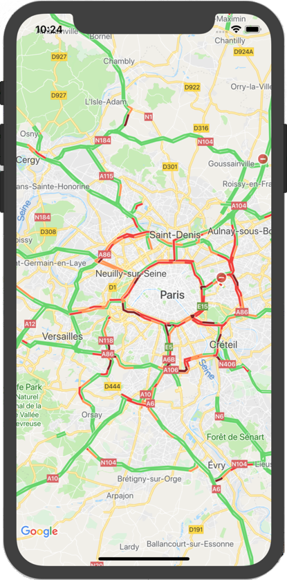 Carte Google affichant le calque de trafic