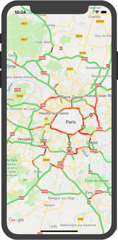 A Google map showing the traffic
layer